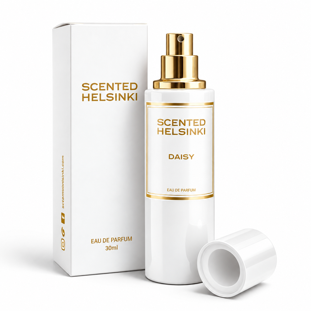 Scented Helsinki DAISY 30 ml, valkoinen pullo ja kultaiset yksityiskohdat