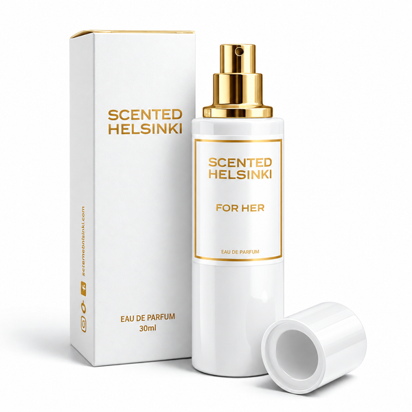 Scented Helsinki FOR HER 30 ml, valkoinen pullo ja kultaiset yksityiskohdat