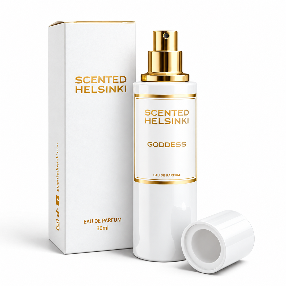 Scented Helsinki GODDESS 30 ml, valkoinen pullo ja kultaiset yksityiskohdat