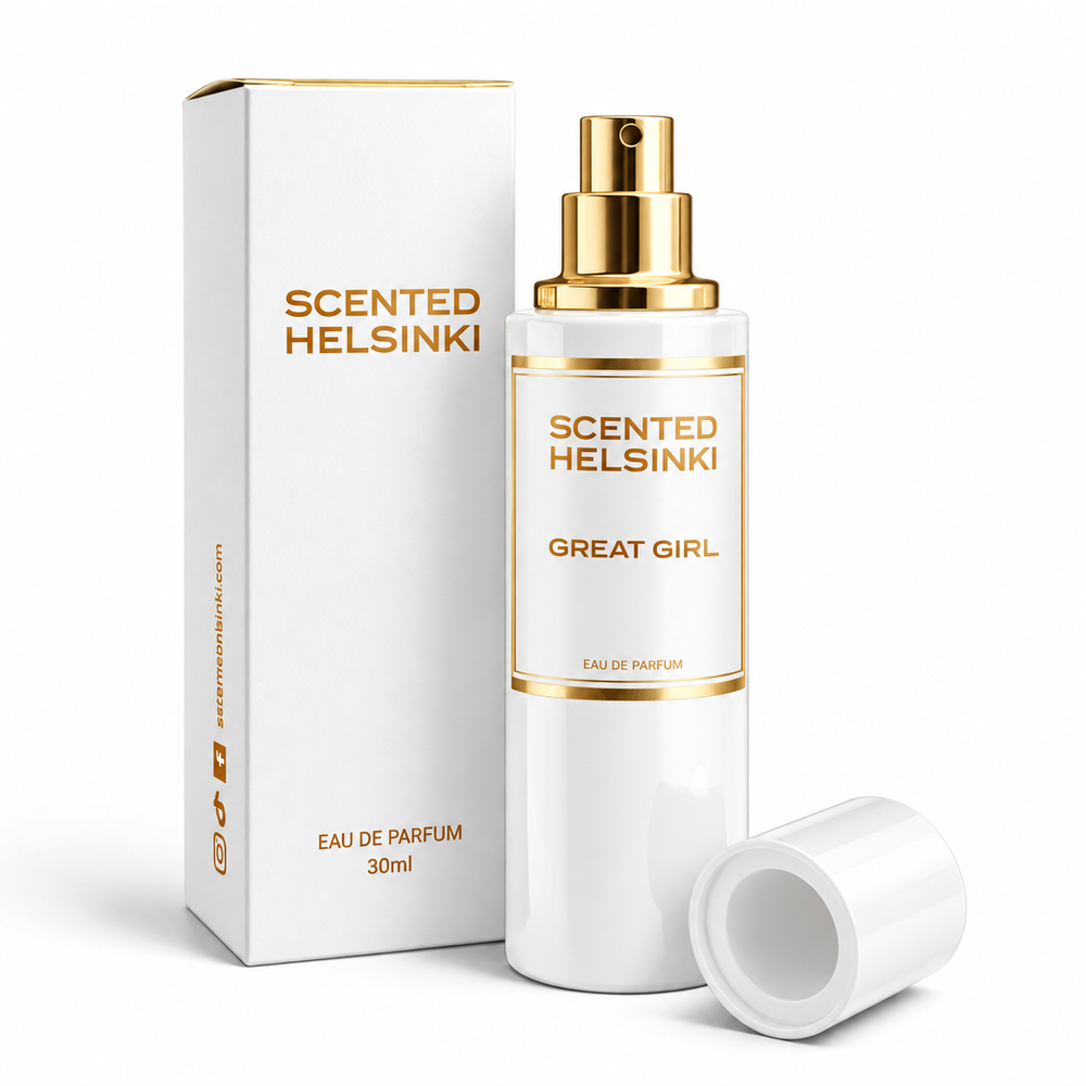 Scented Helsinki GREAT GIRL 30 ml, valkoinen pullo ja kultaiset yksityiskohdat