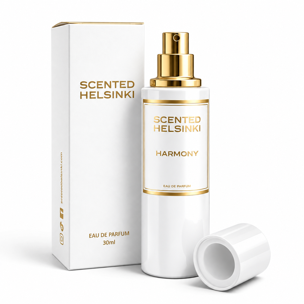 Scented Helsinki HARMONY 30 ml, valkoinen pullo ja kultaiset yksityiskohdat