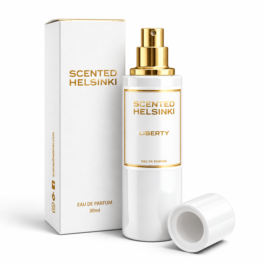Scented Helsinki LIBERTY 30 ml, valkoinen pullo ja kultaiset yksityiskohdat