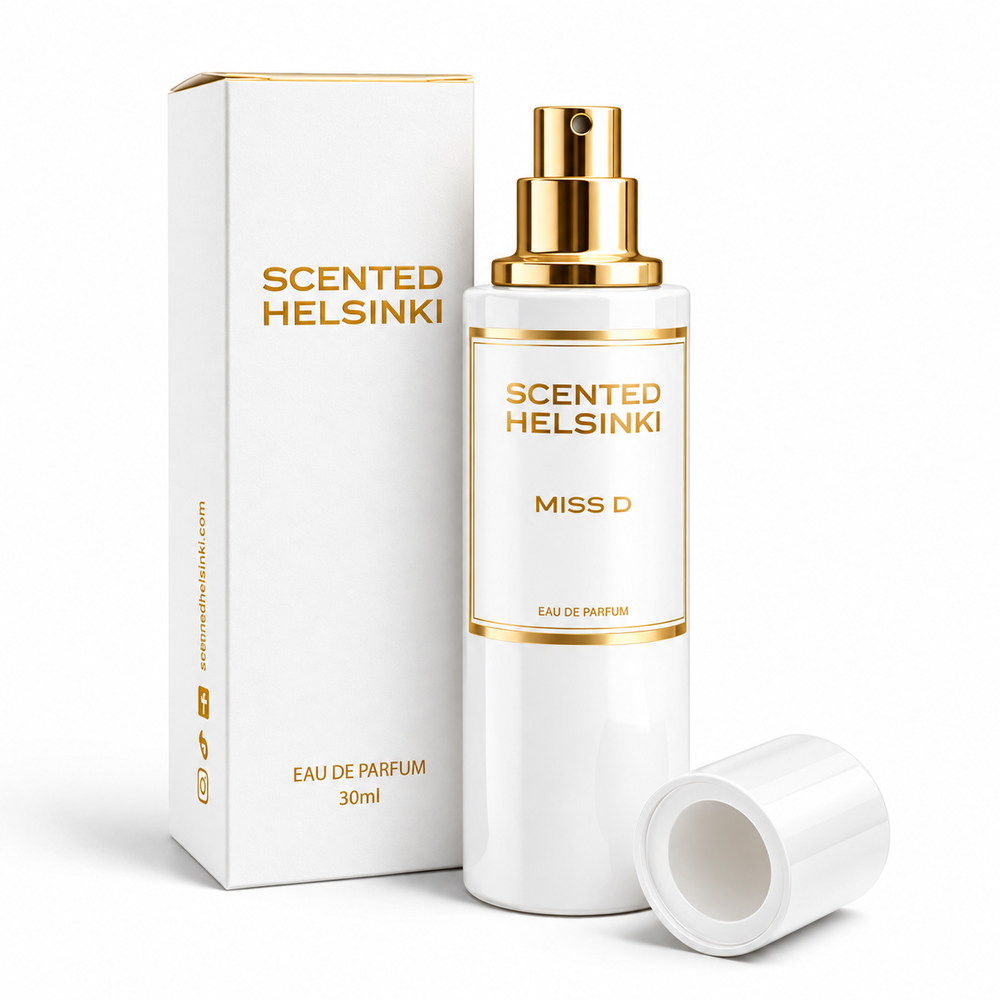 Scented Helsinki MISS D 30 ml, valkoinen pullo ja kultaiset yksityiskohdat