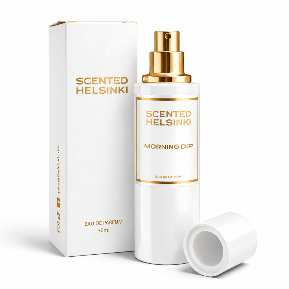 Scented Helsinki MORNING DIP 30 ml, valkoinen pullo ja kultaiset yksityiskohdat