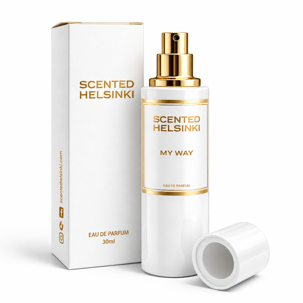 Scented Helsinki MY WAY 30 ml, valkoinen pullo ja kultaiset yksityiskohdat