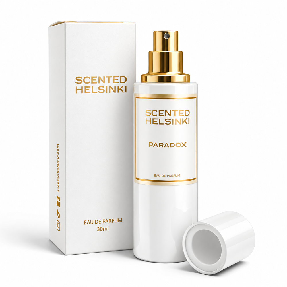 Scented Helsinki PARADOX 30 ml, valkoinen pullo ja kultaiset yksityiskohdat